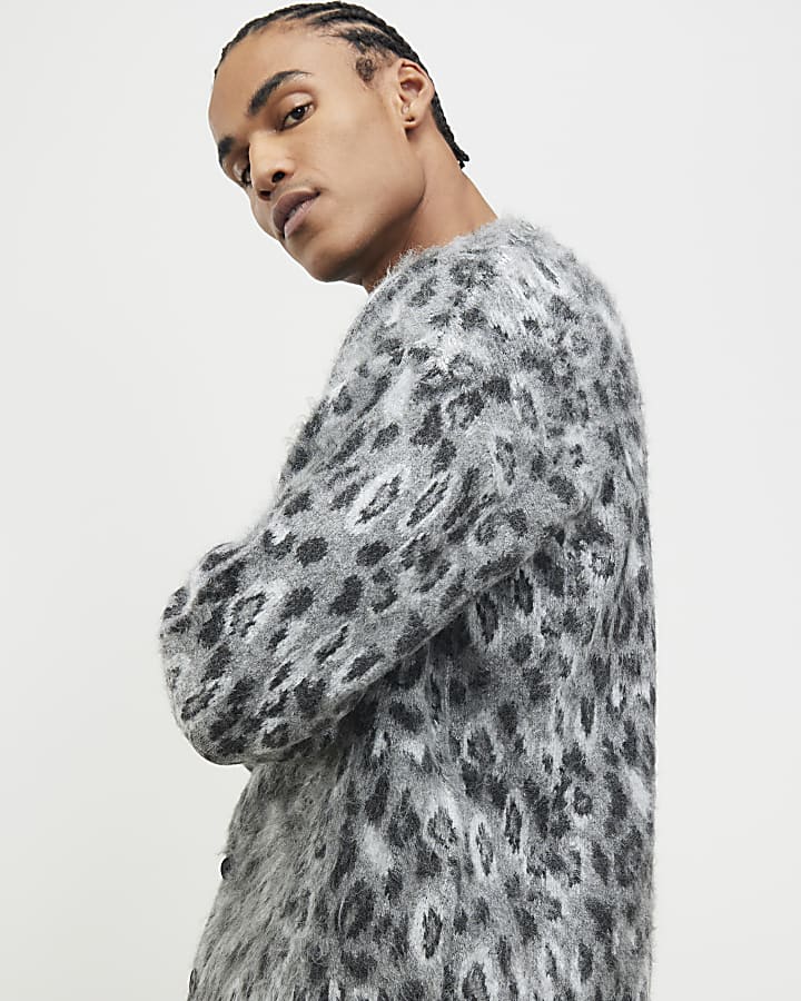 Grey Regular Fit Animal Cardigan