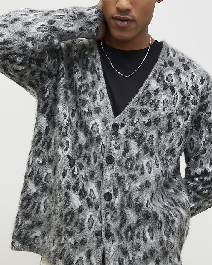 Grey Regular Fit Animal Cardigan