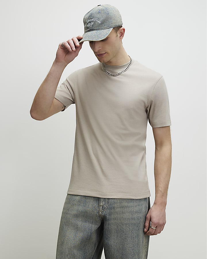 Beige Slim Fit Crew Neck T-Shirt
