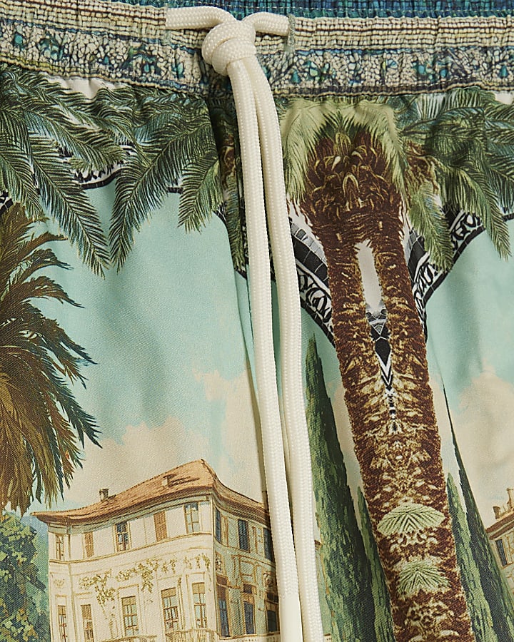 Green Short Length Palm Print Swim Shorts