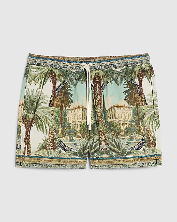 Green Short Length Palm Print Swim Shorts
