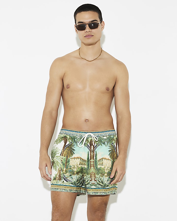 Green Palm Print Swim Shorts