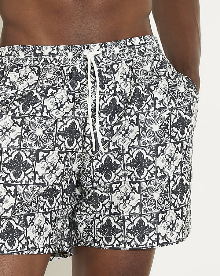 White Tile Print Swim Shorts