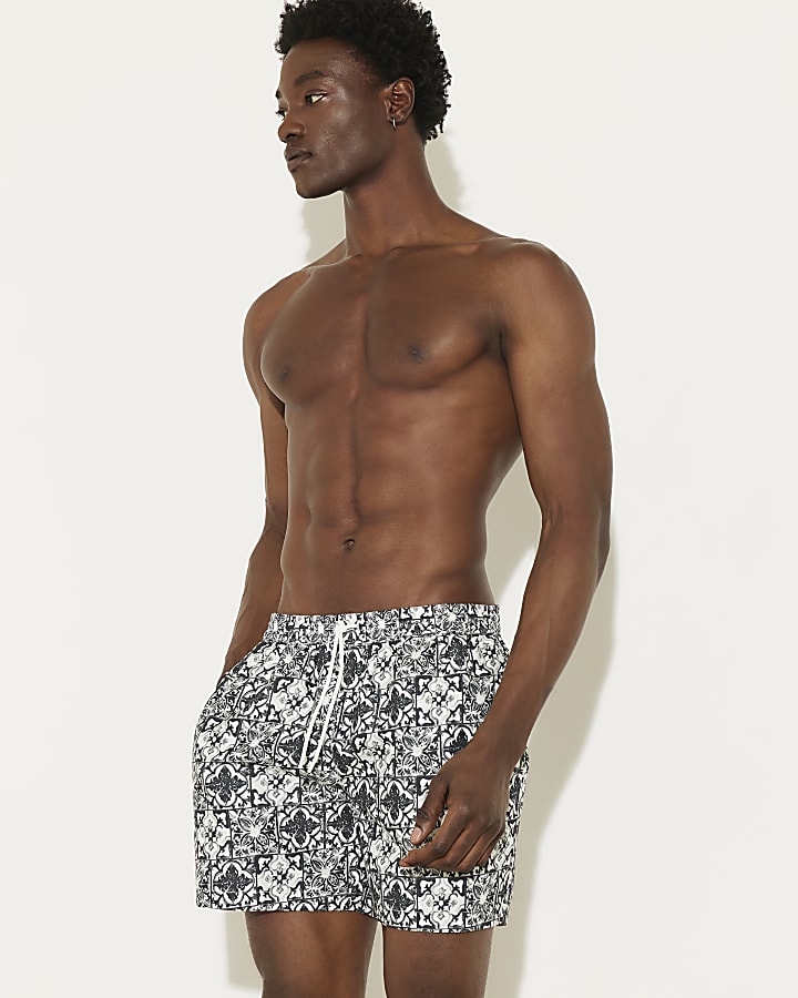 White Tile Print Swim Shorts