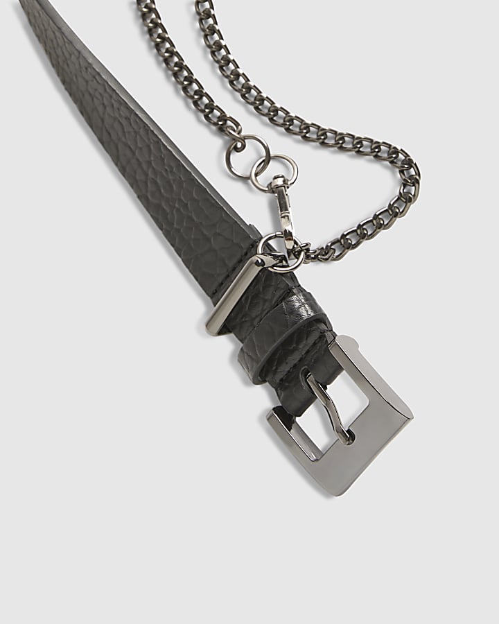 Black Faux Leather Belt With Chain