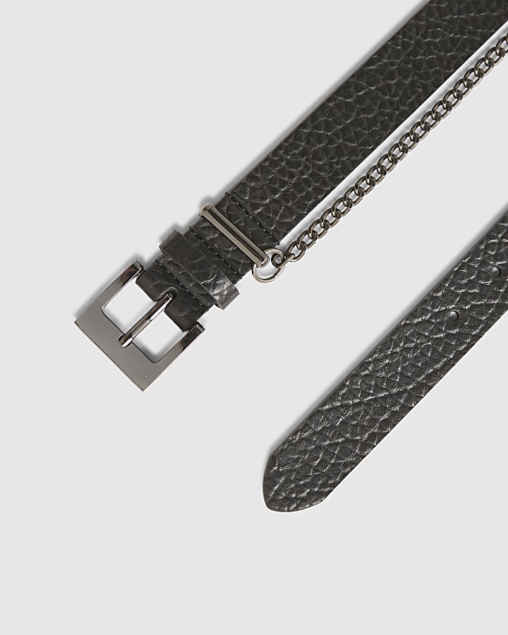 Black Faux Leather Belt With Chain
