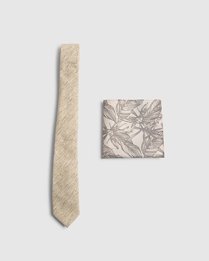 Stone Linen Tie And Handkerchief Set