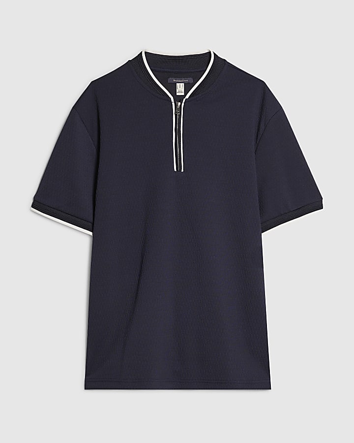 Navy Slim Fit Textured Tipped Baseball Top