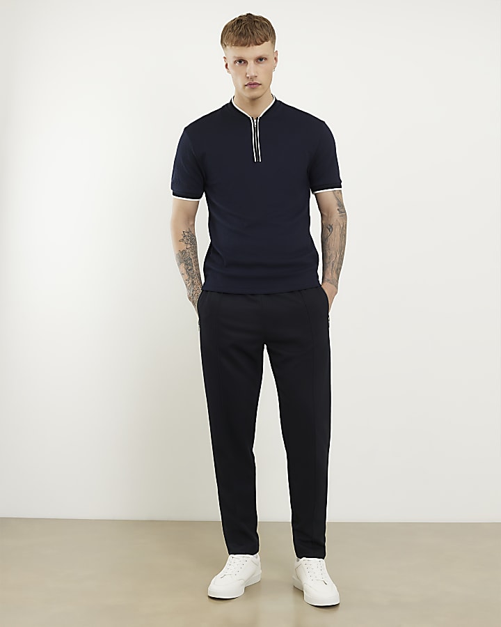 Navy Slim Fit Textured Tipped Baseball Top