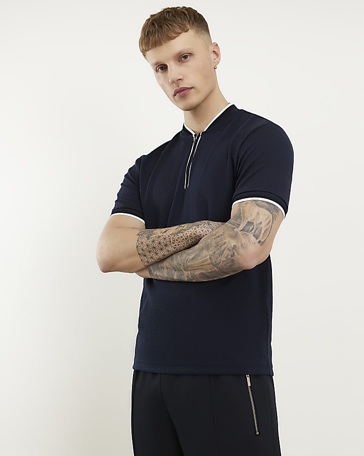 Navy Slim Fit Textured Tipped Baseball Top