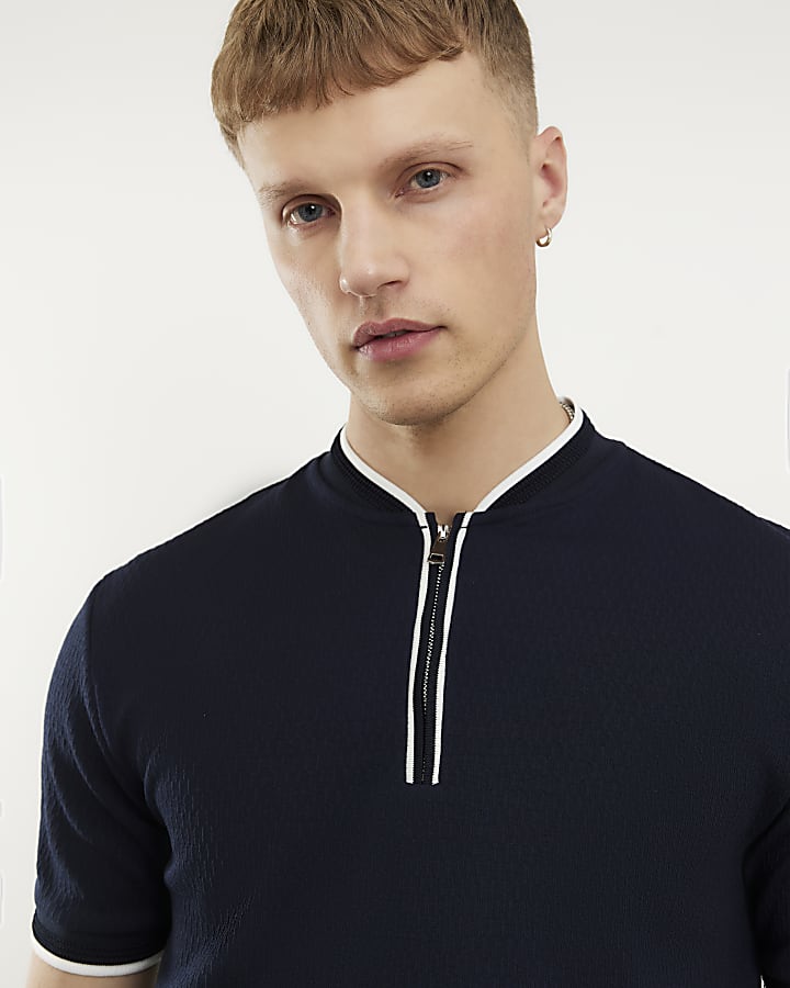 Navy Slim Fit Textured Tipped Baseball Top