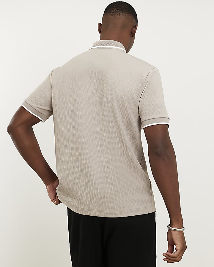 Beige Slim Fit Textured Zip Tip Polo Shirt