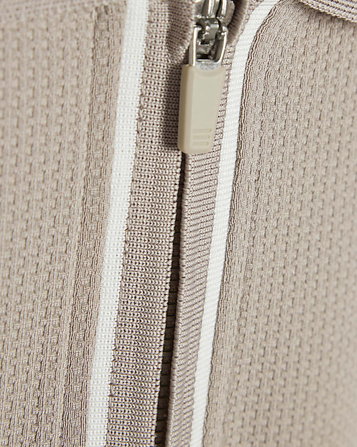 Beige Slim Fit Textured Zip Tip Polo Shirt