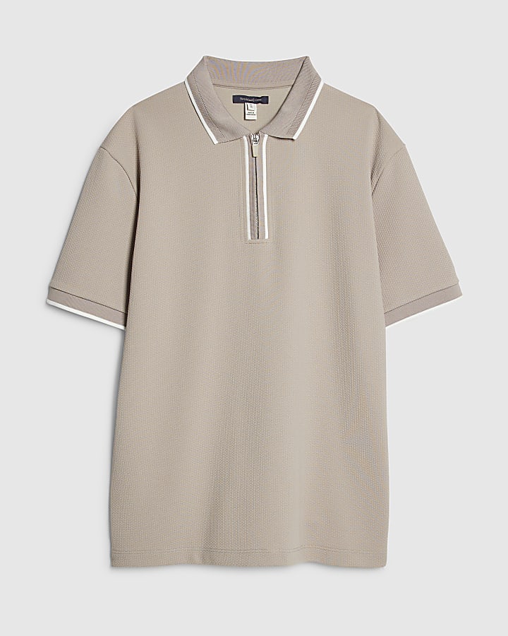 Beige Slim Fit Textured Zip Tip Polo Shirt