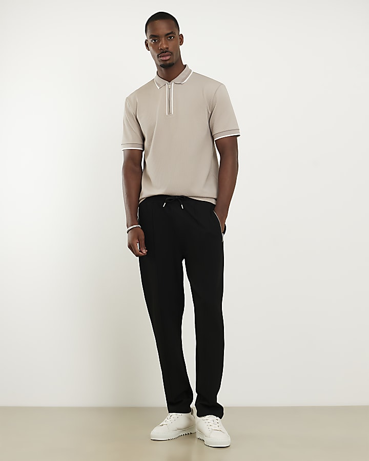 Beige Slim Fit Textured Zip Tip Polo Shirt