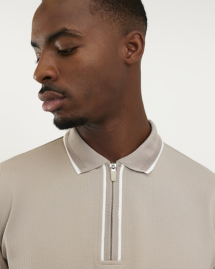 Beige Slim Fit Textured Zip Tip Polo Shirt