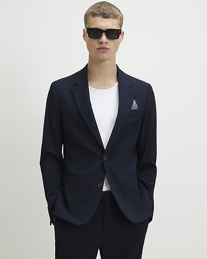 Navy Slim Fit Seersucker Suit Jacket