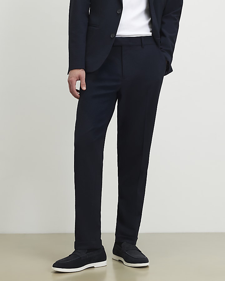 Navy Slim Fit Seersucker Suit Trousers
