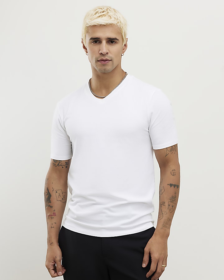 White Muscle Fit V Neck T-Shirt