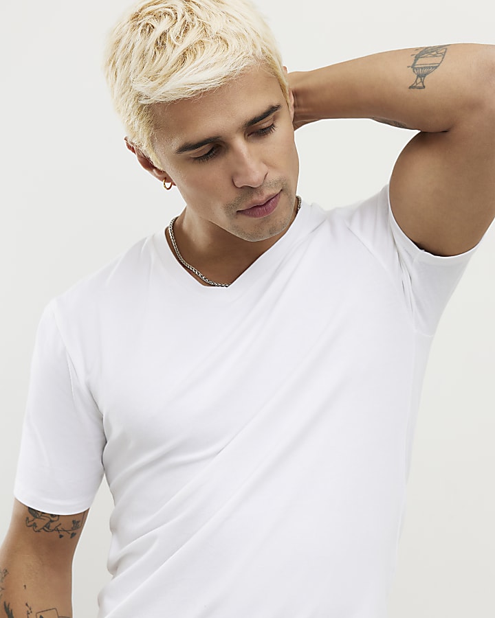 White Muscle Fit V Neck T-Shirt