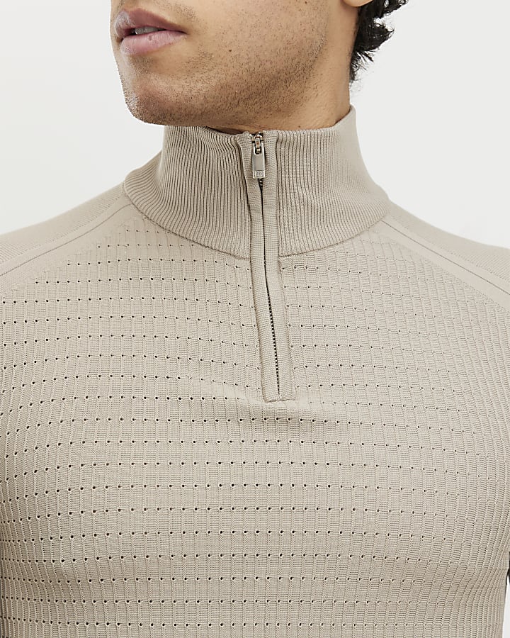 Beige Muscle Fit Brick Knitted Funnel Jumper