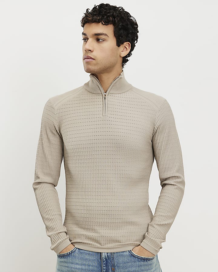 Beige Muscle Fit Brick Knitted Funnel Jumper