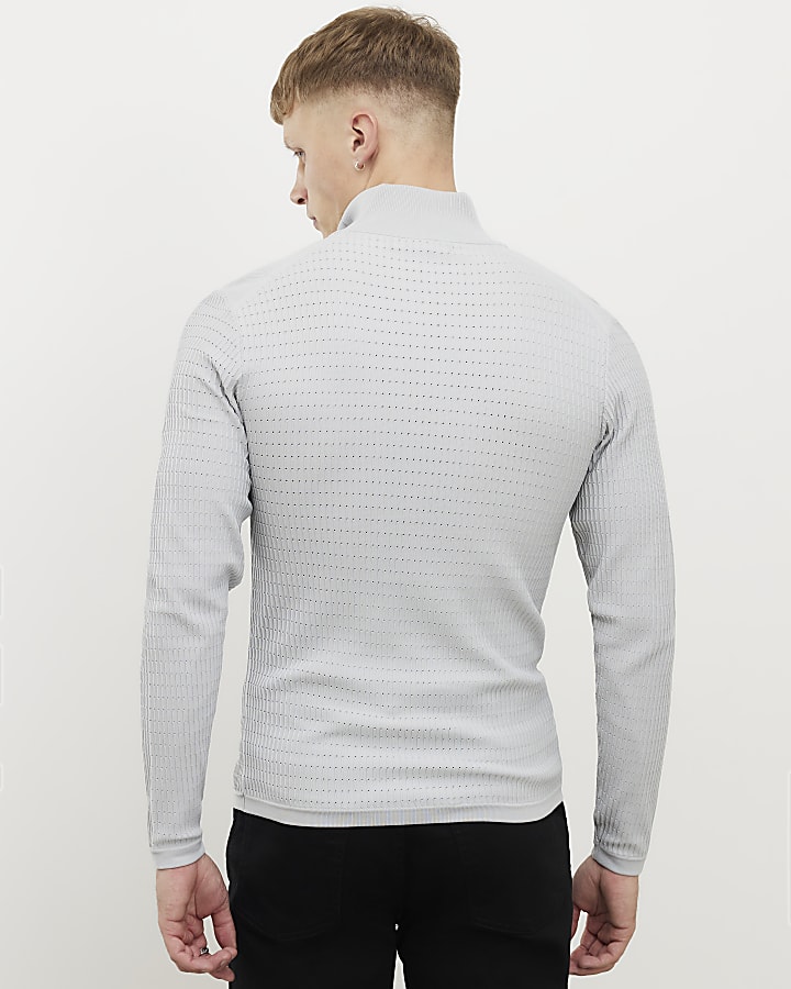 Grey Muscle Fit Knitted Funnel Jumper