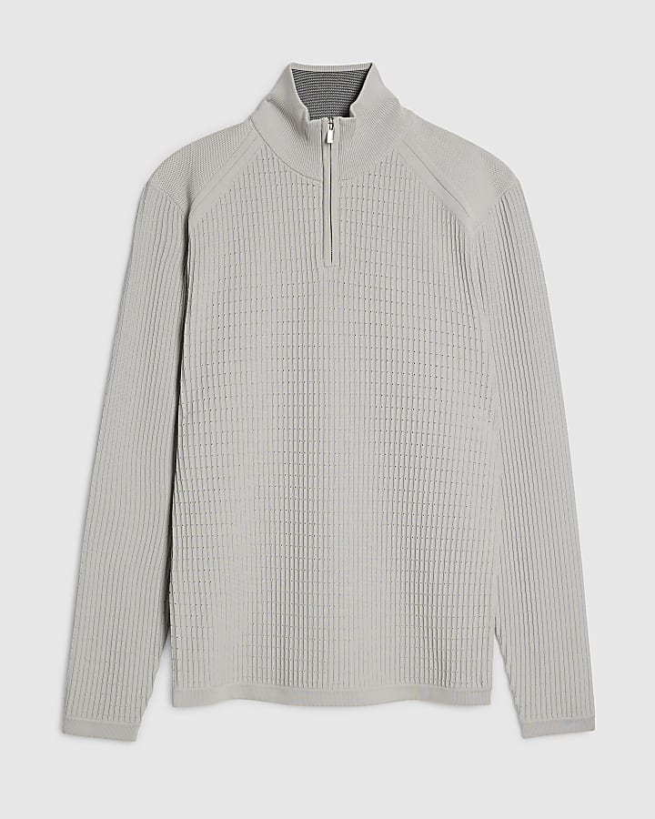 Grey Muscle Fit Knitted Funnel Jumper