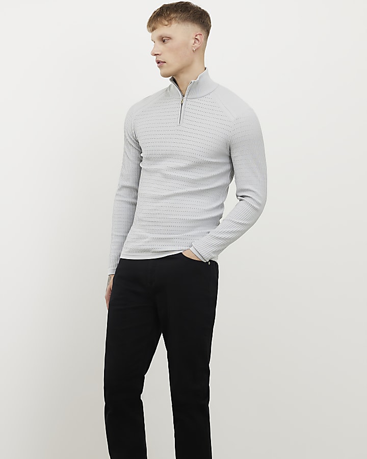 Grey Muscle Fit Knitted Funnel Jumper