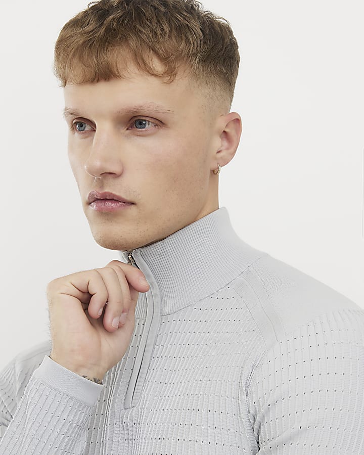 Grey Muscle Fit Knitted Funnel Jumper