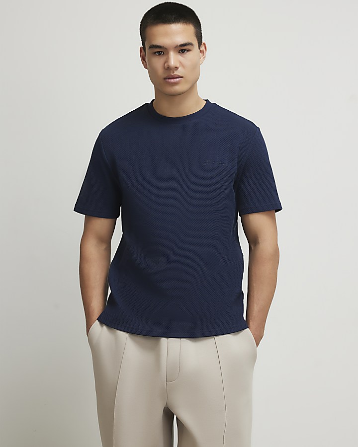 Navy Slim Fit Textured T-Shirt