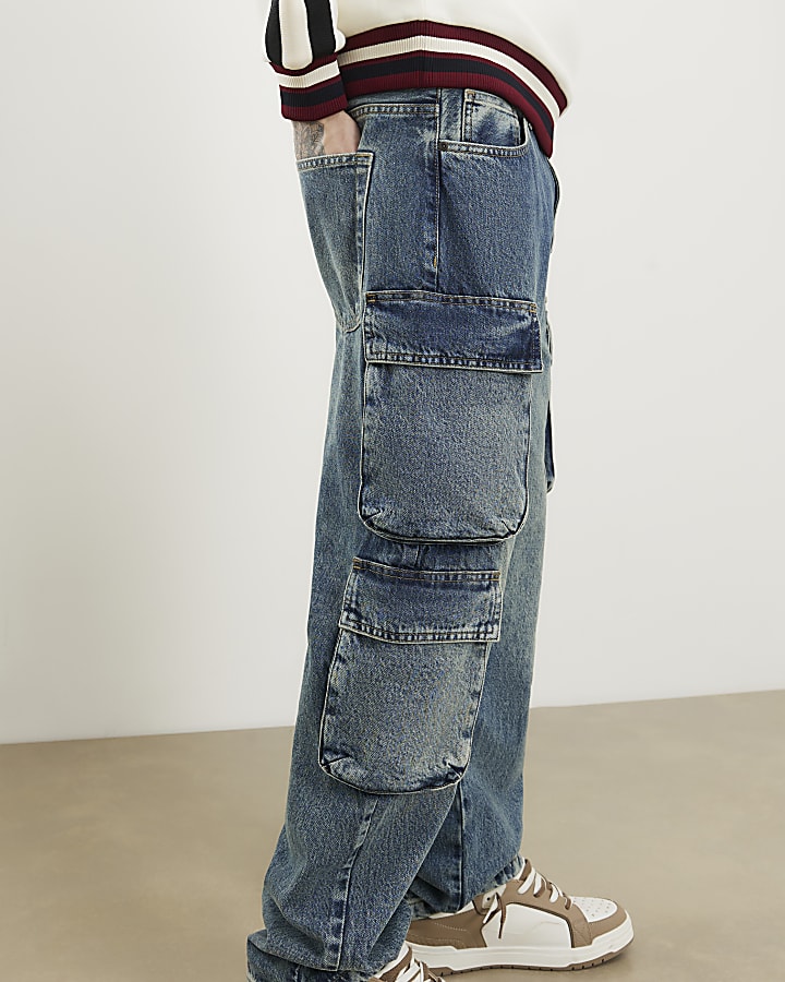 Blue Loose Fit Cargo Jeans