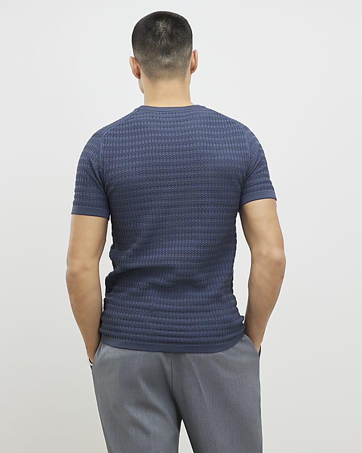 Blue Muscle Fit Textured Knit T-Shirt