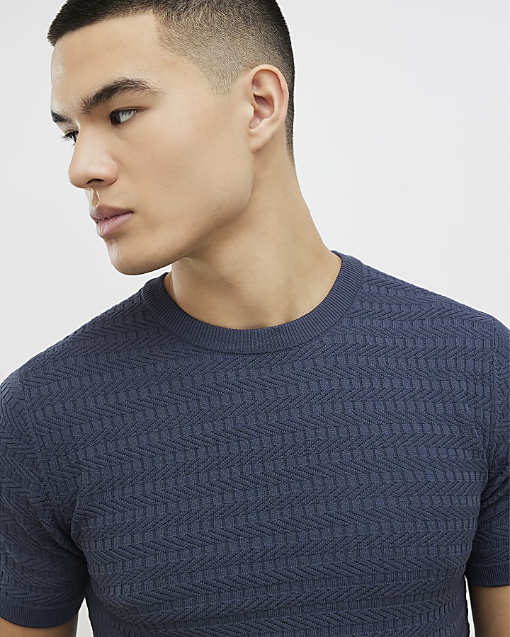 Blue Muscle Fit Textured Knit T-Shirt