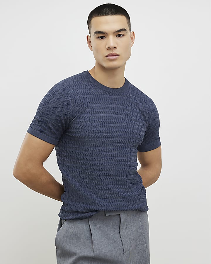 Blue Muscle Fit Textured Knit T-Shirt
