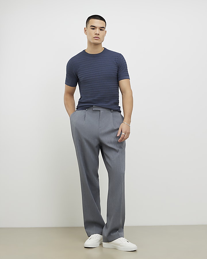 Blue Muscle Fit Textured Knit T-Shirt