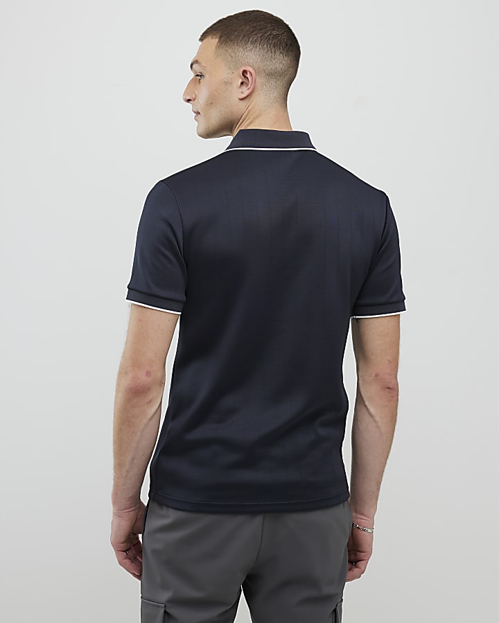 Navy Muscle Fit Les Amis Stripe Polo Shirt