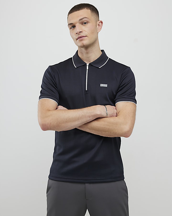 Navy Muscle Fit Les Amis Stripe Polo Shirt