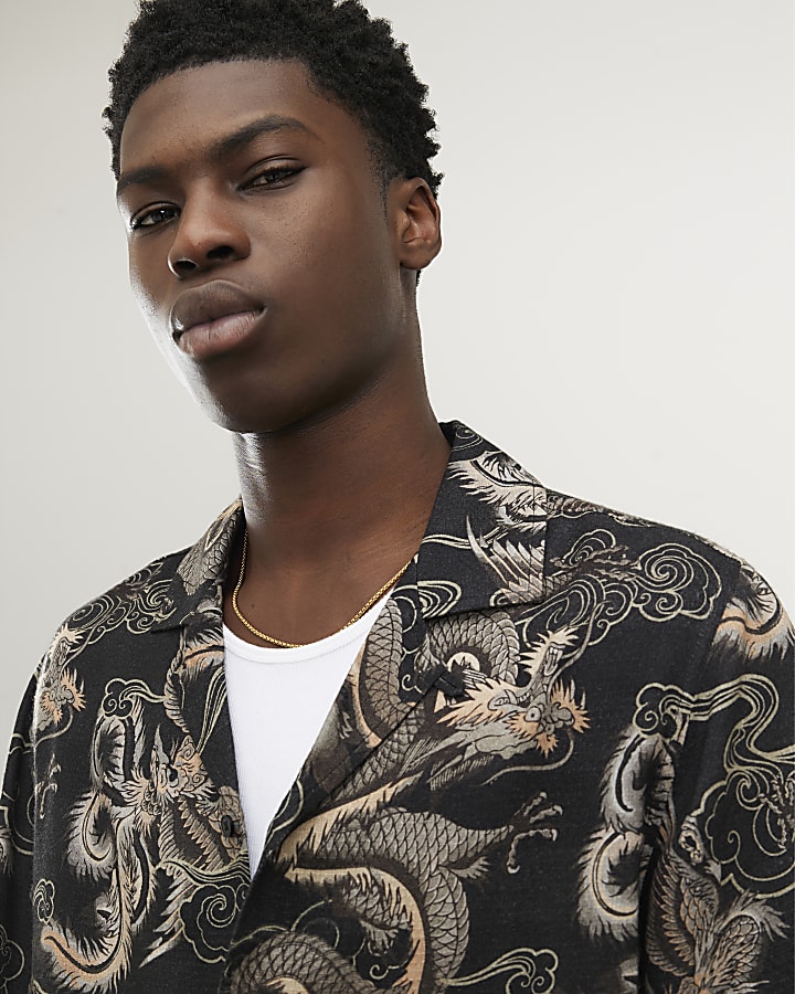 Black All Over Dragon Print Shirt