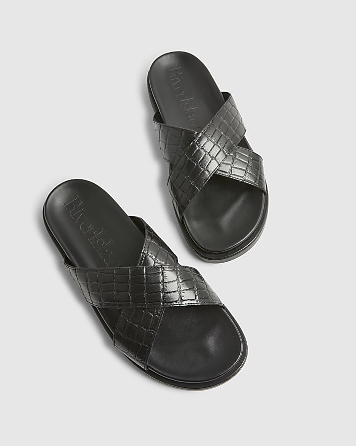 Black Crocodile Crossover Leather Sandals