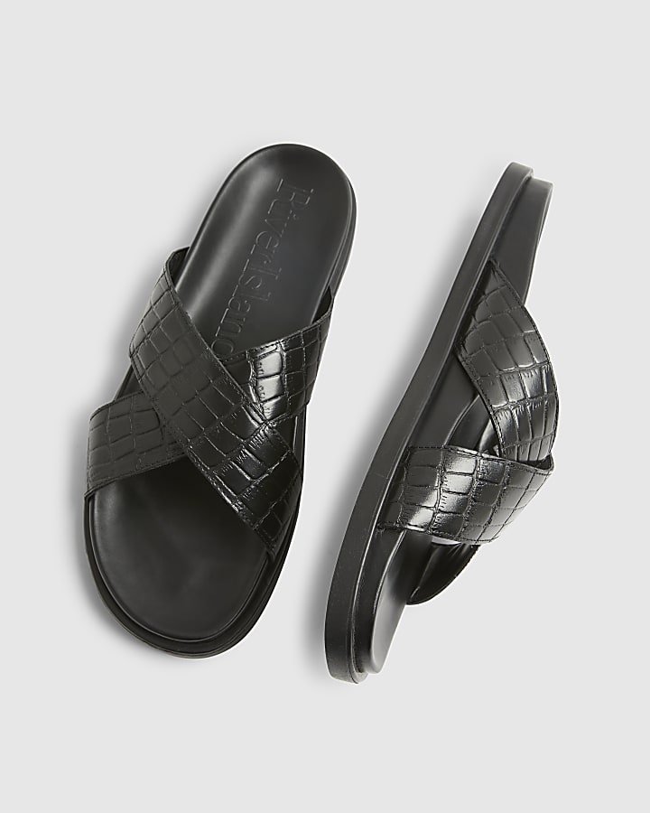 Black Crocodile Crossover Leather Sandals