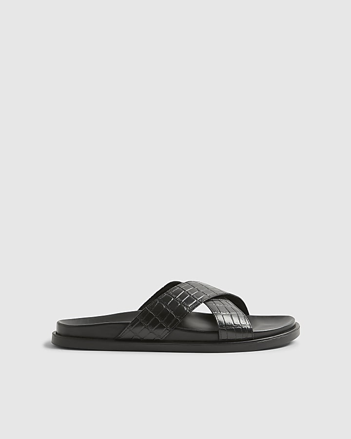 Black Crossover Leather Sandals