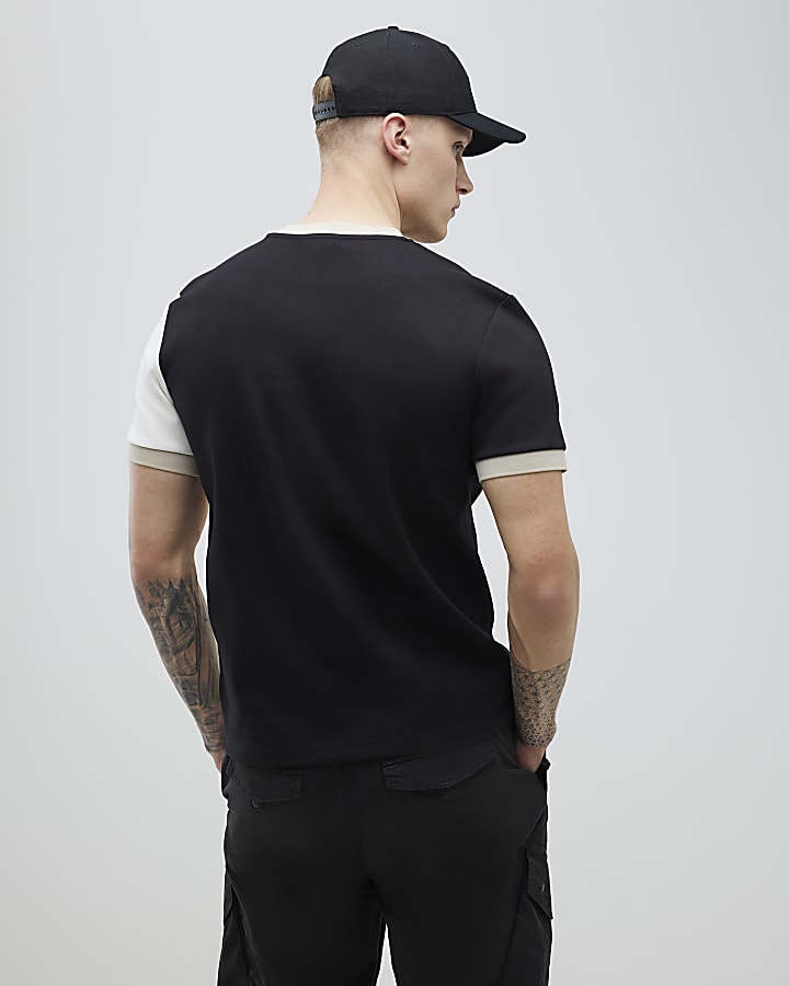Black Regular Fit Scuba Colour Block T-Shirt