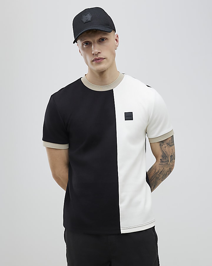 Black Regular Fit Scuba Colour Block T-Shirt