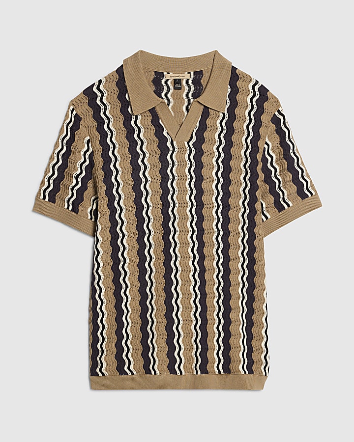 Beige Slim Fit Wavy Stripe Polo Shirt