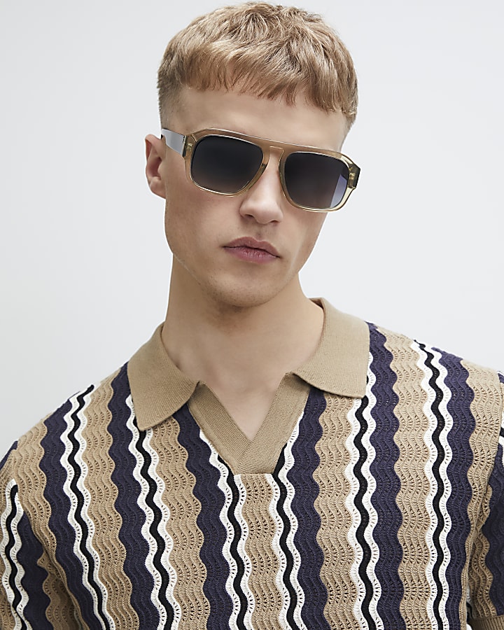 Beige Slim Fit Wavy Stripe Polo Shirt