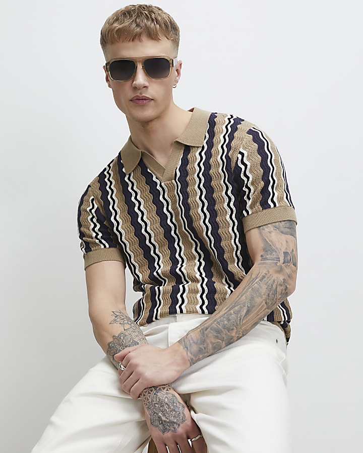 Beige Slim Fit Wavy Stripe Polo Shirt