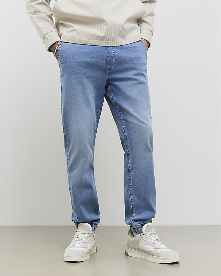 Blue Slim Fit Denim Washed Joggers