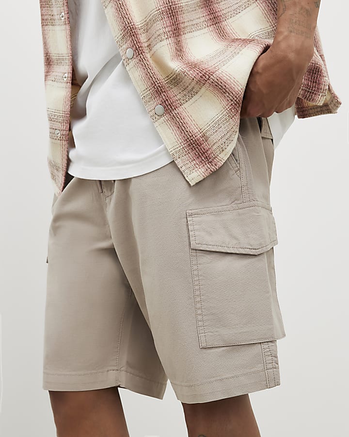 Beige Regular Fit Crosshatch Cargo Shorts