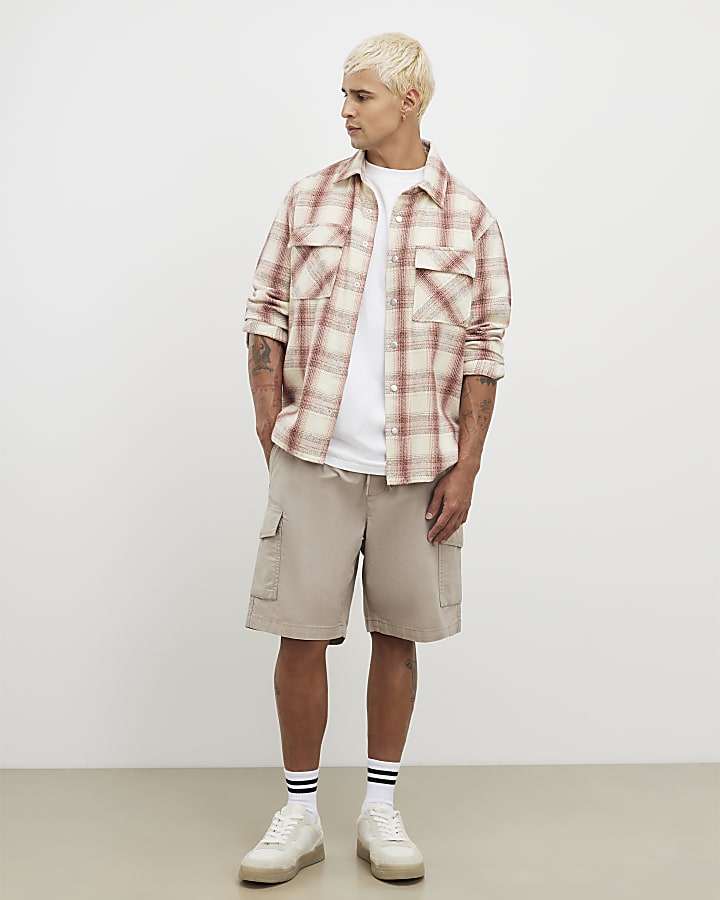 Beige Regular Fit Crosshatch Cargo Shorts